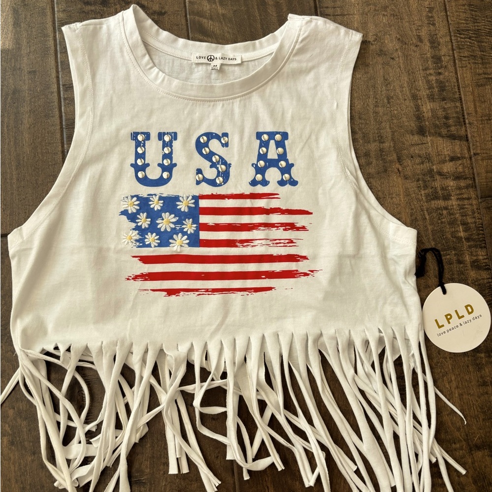 T-Shirt, USA, cropped tank w/ fringes, NWT.  ONLY 1 large and 1 XL left